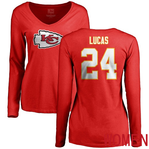 Women Football Kansas City Chiefs #24 Lucas Jordan Red Name and Number Logo Slim Fit Long Sleeve T-Shirt->nfl t-shirts->Sports Accessory